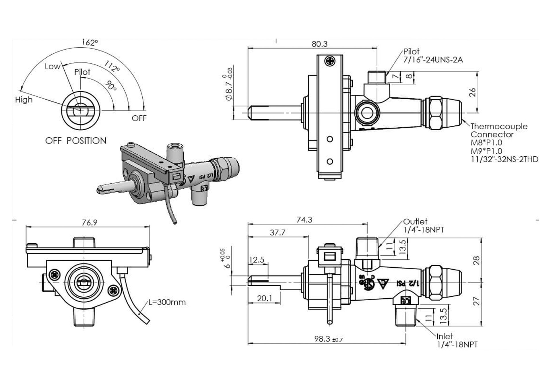 A12-I Safety Valve with Pilot and Auto-ignition Dimensions