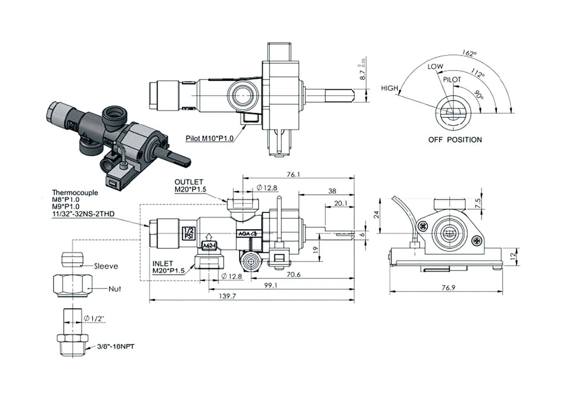 A62-I Safety Valve with Pilot and Auto-ignition Dimensions