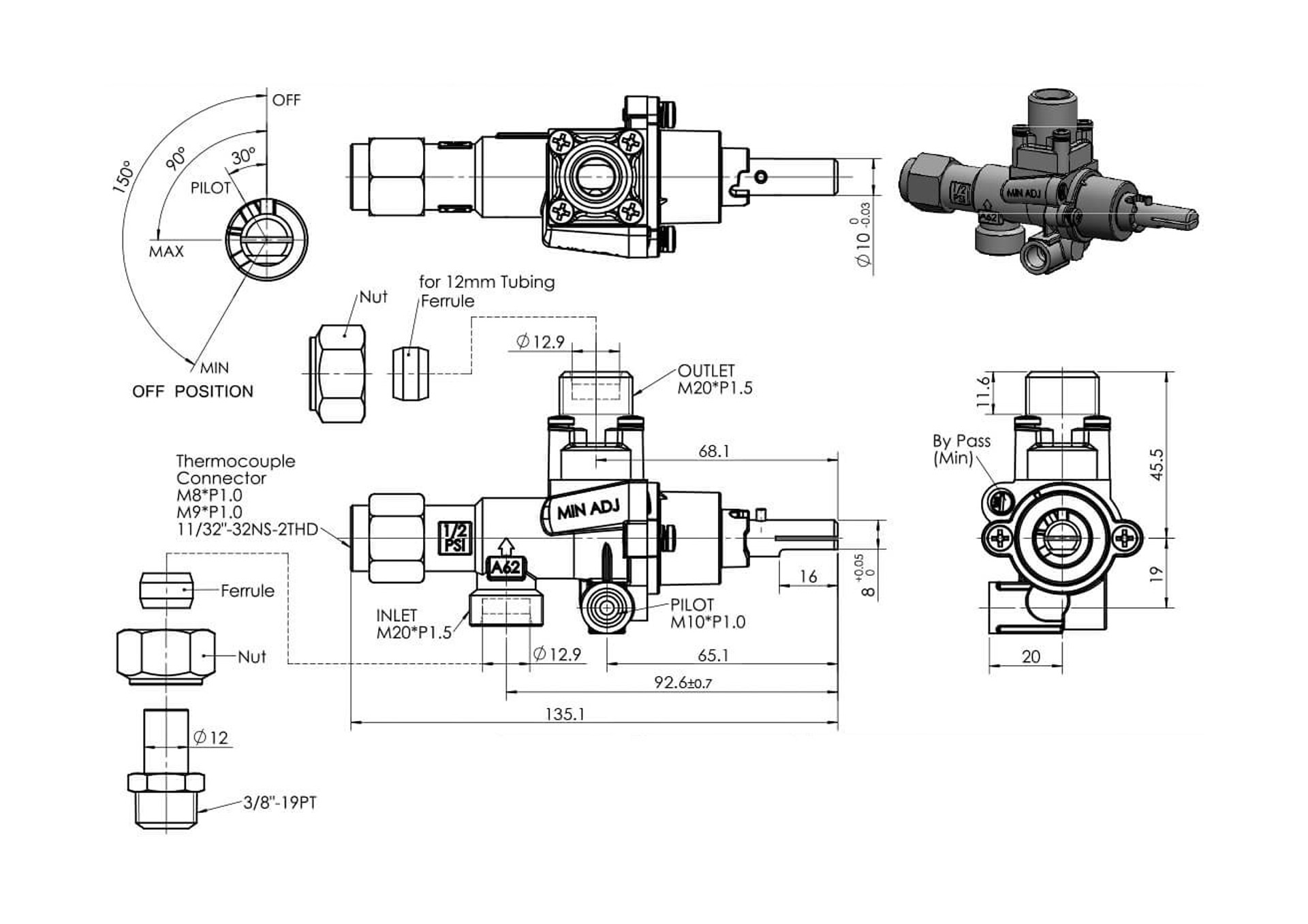 A62V Gas Safety Valve Outlet in Vertical Direction Alpha Brass Controls