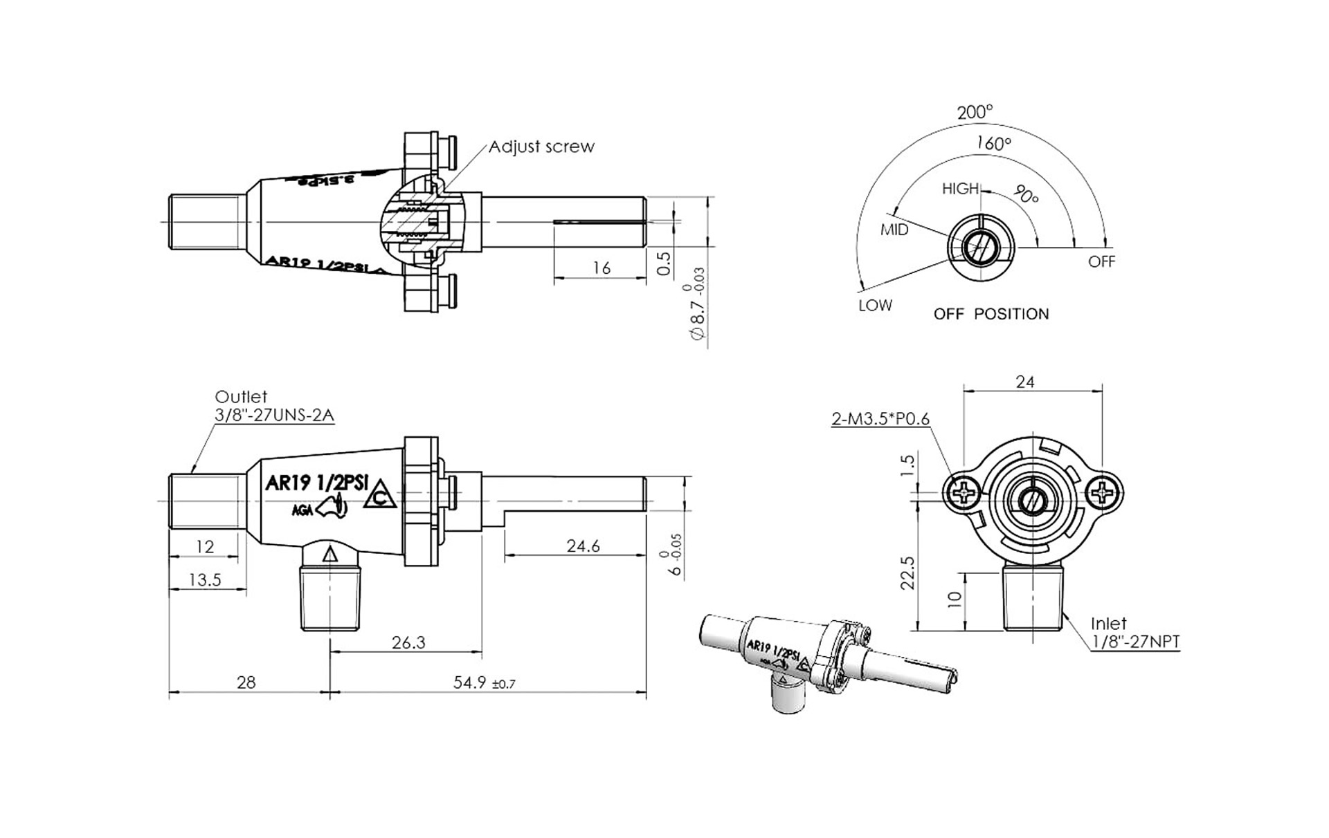 AR19-L1 H-M-L Gas Valve Dimensions