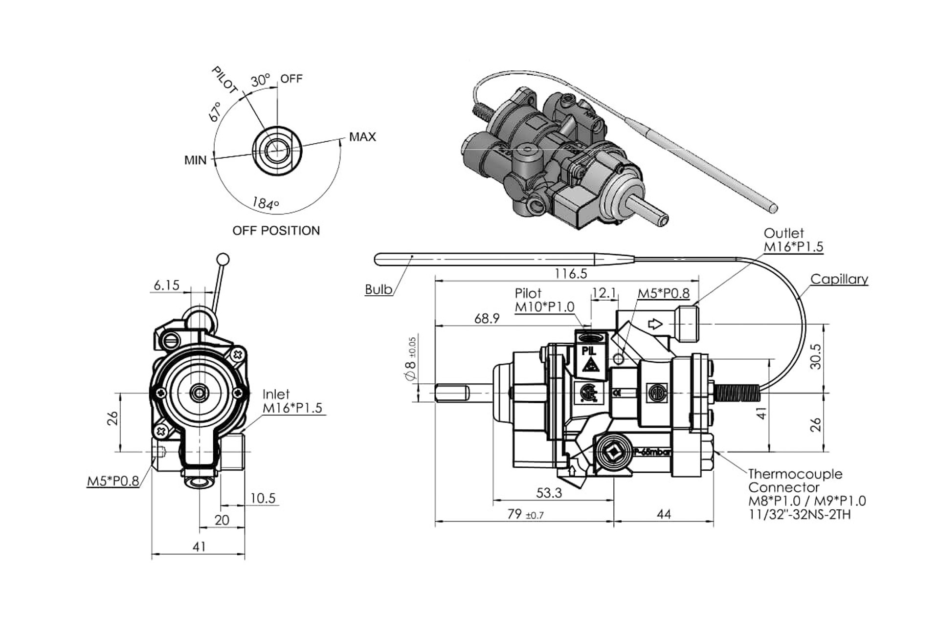 A65T-RH Gas Thermostat Dimensions